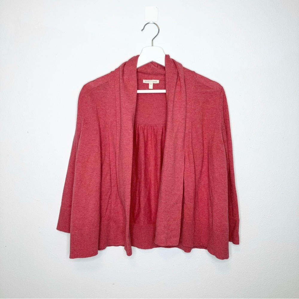 Eileen Fisher Pink Open Front Shawl Collar Cropped Cardigan Sweater small